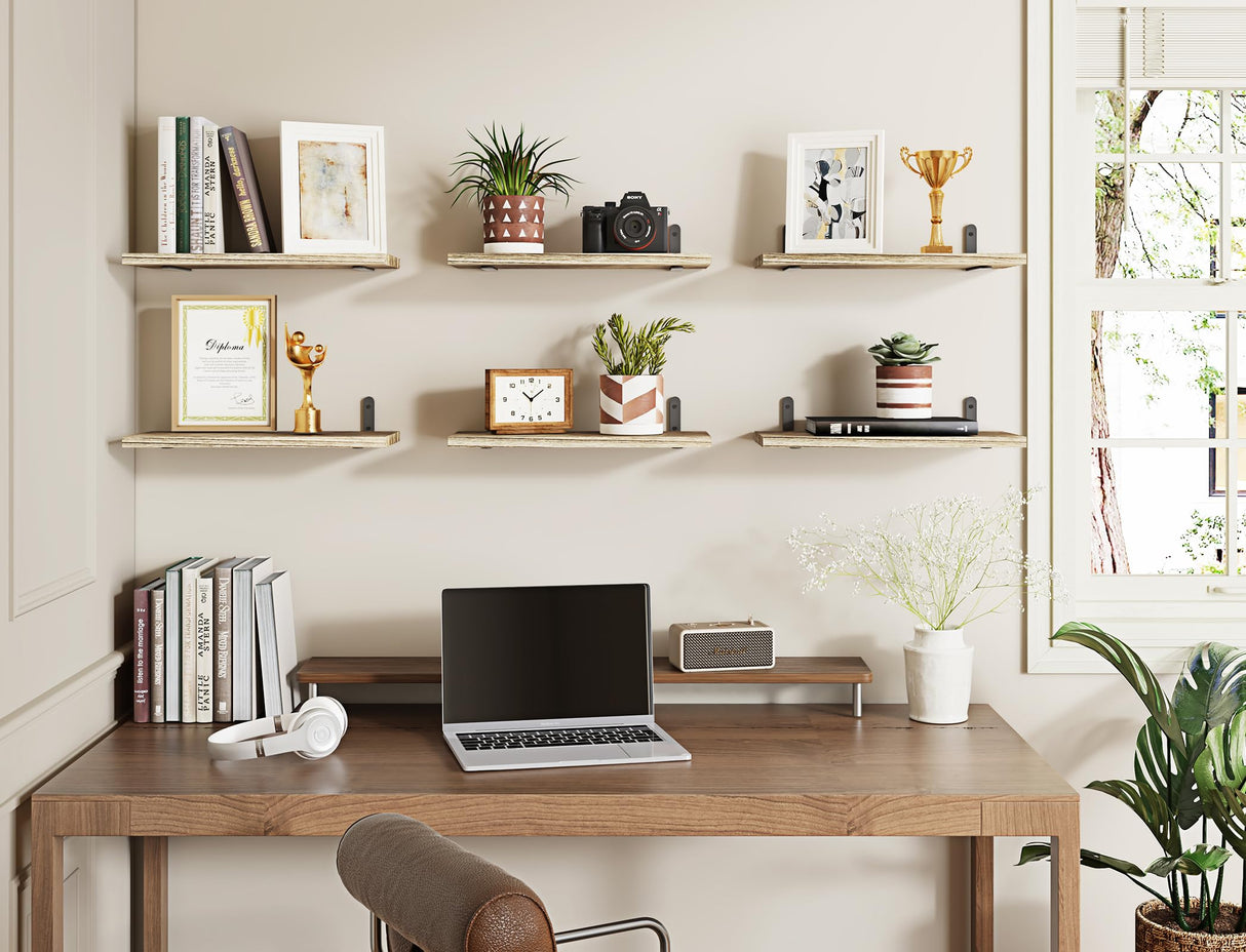 Fixwal Wood Floating Shelves for Wall Decor, Wall Shelves Set of 6, Wall Mounted Floating Shelf for Bedroom Decor, Bathroom Storage, Farmhouse Shelf for Wall - Rustic Brown Fixwal