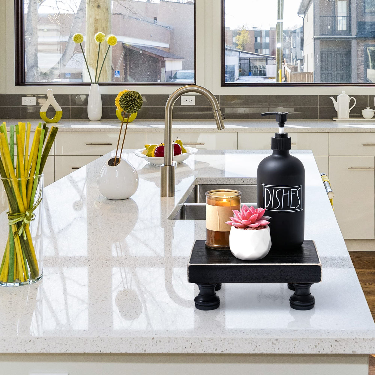 Delimux Farmhouse Wood Riser Decorative Pedestal Stand Rectangular Wood Tray Displays Decorations Rustic Home Bathroom Counter Wooden Riser (Black) Delimux