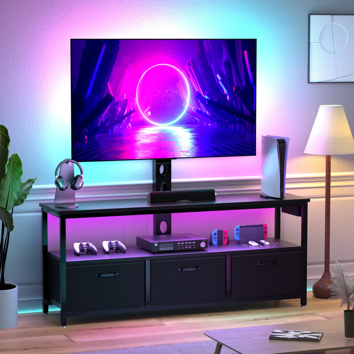 TV Stand with Mount and Power Outlet, Swivel TV Stands Mount with LED Lights for 32/45/55/60/65 inch TVs, Tall Entertainment Center with Storage, Media Console Cabinet for Living Room, Bedroom, Black MJOMKN