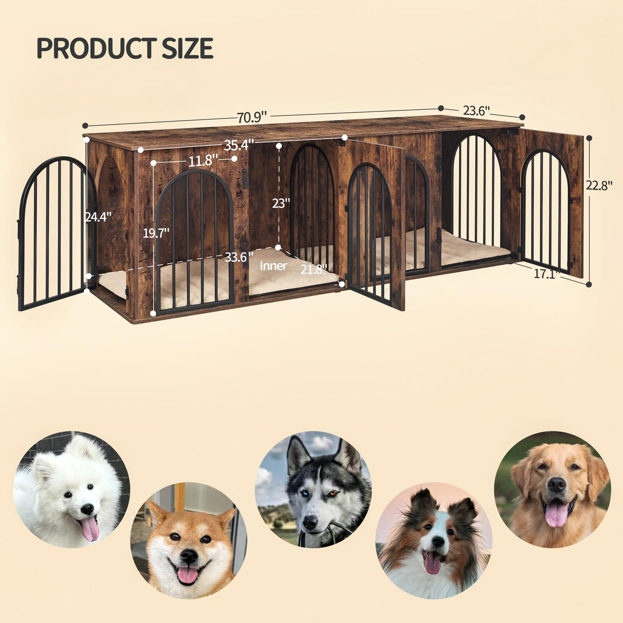 Hzuaneri 71" Dog Crate Furniture for 2 Dogs, Heavy Duty Indoor Dog Kennel TV Stand, XXL Wooden Dog Cage with Divider for Medium Large Dogs, End Table Dog Crate with Cushion, Rustic Brown DFC81901B Hzuaneri