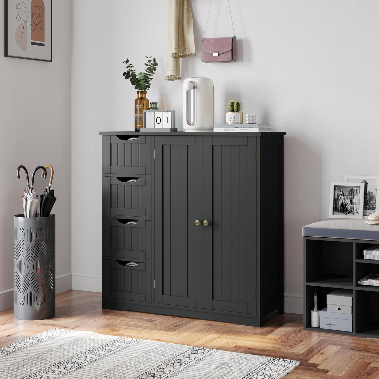 Yaheetech Black Wooden Bathroom Storage Cabinet with 4 Drawers and Double Doors Yaheetech