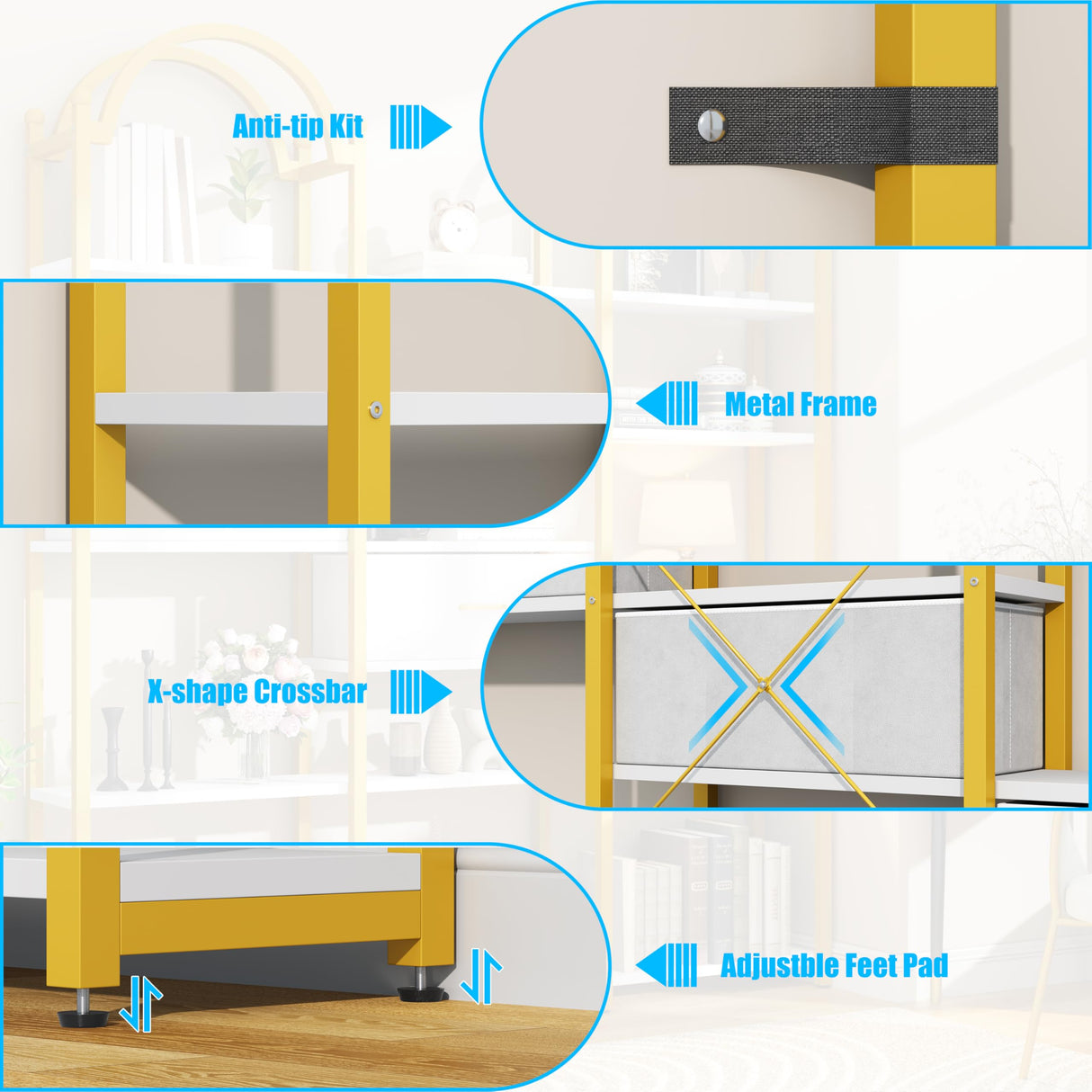 Nosepen 83.5" Tall Arched Bookshelf with 3 Drawers and 13 Storage Shelves, Industrial Open Book Shelf with Display Shelves, Large Etagere Bookshelf, Triple Wide Book Case for Home & Office, Gold Nosepen