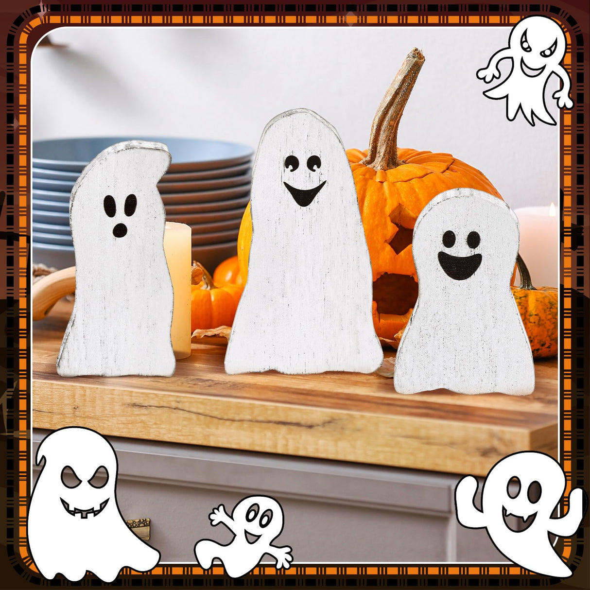 Suzile 3 Pcs Halloween Decor Wooden Ghost Sign Ghost Theme Table Centerpieces Cute Ghost Tiered Tray Decorations Rustic Farmhouse Ghost Sign for Halloween Fall Party Home Shelf Photo Prop Display Suzile