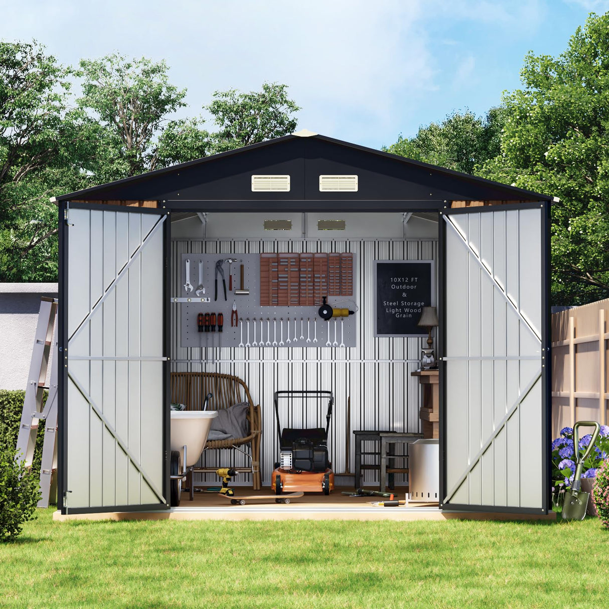 Panovue 10X12 FT Outdoor Steel Storage Shed with Lockable Doors, 2 Windows, Garden Shed Ideal for Backyard, Patio Storage,Chicken Coop(Wood Panels & Frame Floor Not Included) Panovue