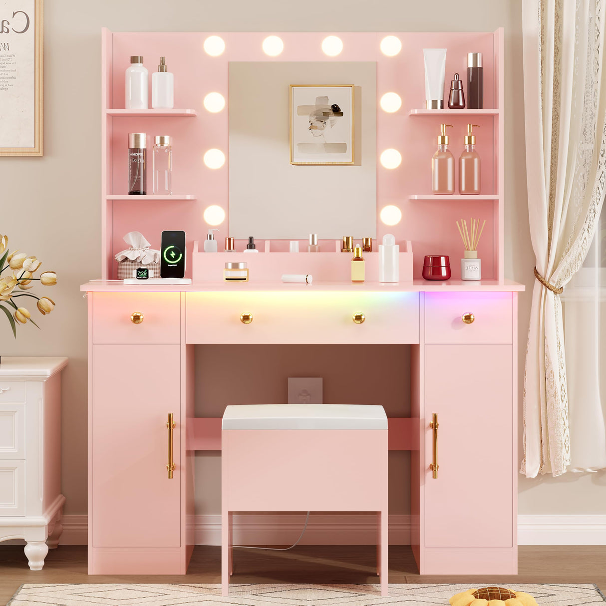 HUANLEGO Vanity Desk with Mirror and Lights,Pink Makeup Vanity with Charging Station & Vanity Stool, 3 Drawers and Cabinets White Vanity Mirror with RGB LED Lights Vanity Desk and Chair for Women HUANLEGO
