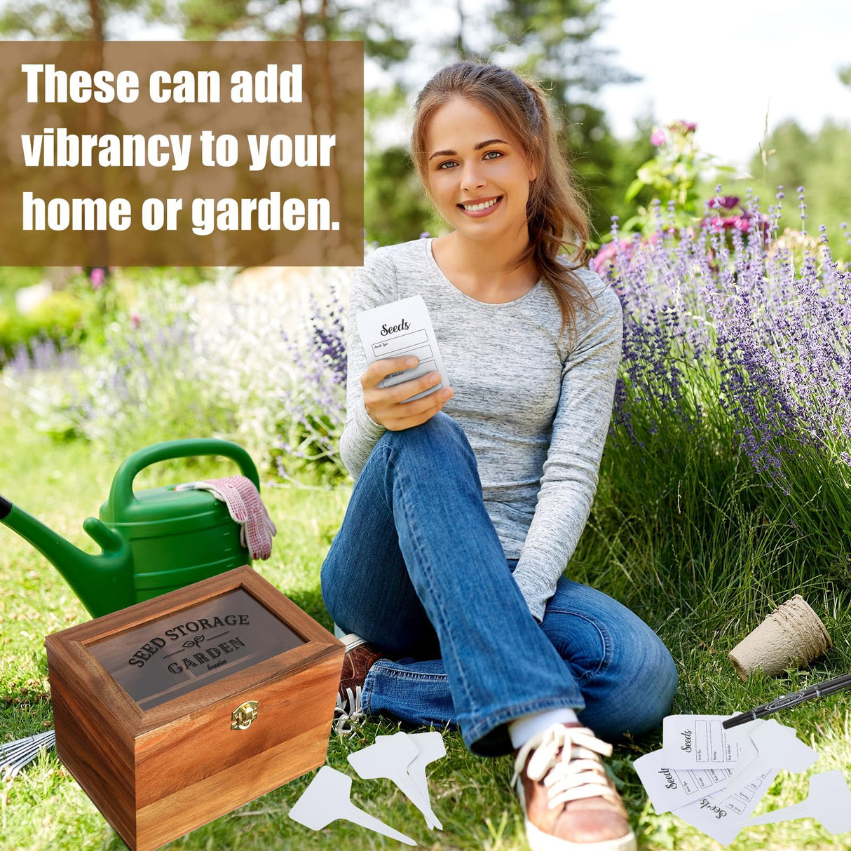 Skybooly Seed Storage Box with 3 Dividers Seed Organizer Box Seed Container with Clear Window Sturdy Garden Seed Packet Container with 100 Plant Labels 50 Seed Envelopes 2 Marker Pens for Seed Saver Skybooly