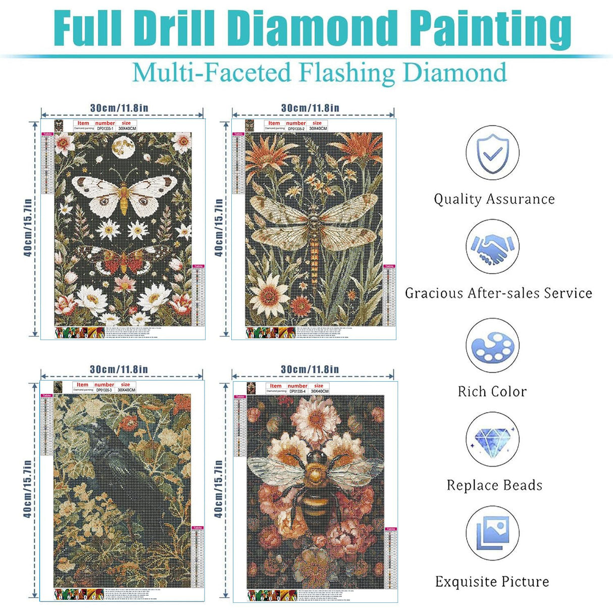 Diamond Painting Kits for Adults - 4 Pack Dragonflies, Butterfly, Bees, Bird DIY 5D Diamond Art Kits Full Drill Diamond Dots Paintings with Diamonds Gem Art and Crafts Home Decor 12x16inch Fairyland JinWenn