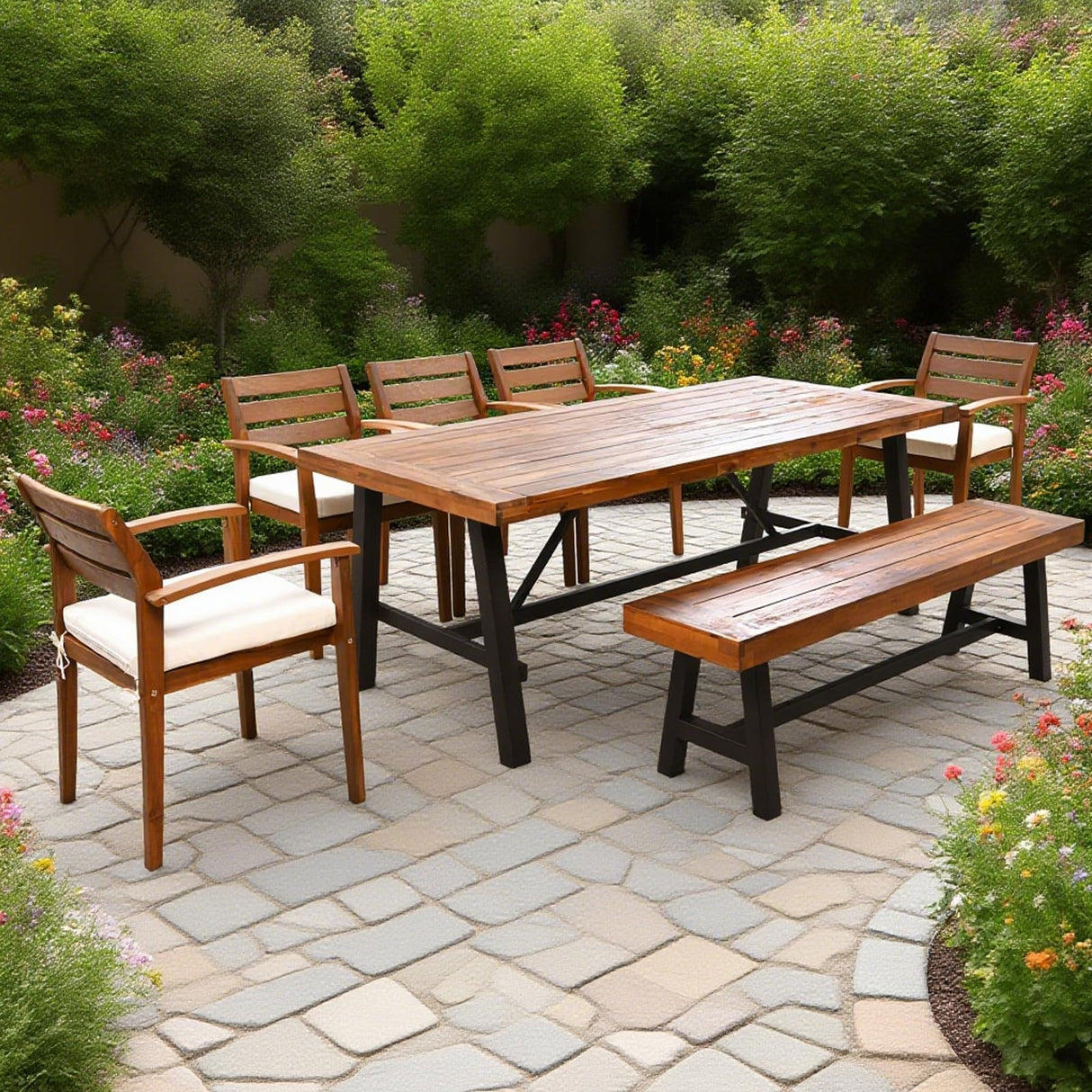 Goldshire 7 Pieces Outdoor Dining Set, 1 Acacia Wood Patio Table & 1 Bench & 5 Chairs for 7-8 Persons with Removable Cushions for Indoor Yard Garden Goldshire