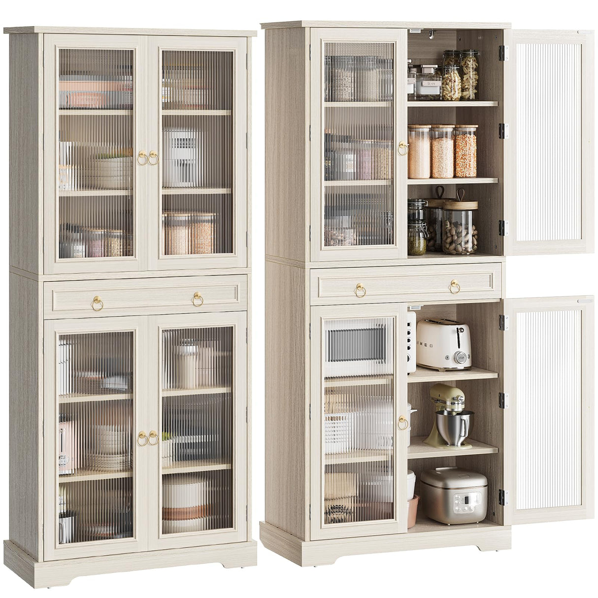 Curlaky Kitchen Pantry Cabinet with Arcylic Doors and Adjustable Shelves - 72" Tall Storage Cabinet Freestanding Cupboard with Drawer, Food Pantry Cabinet, Wood Storage Cabinets for Dining Room, White Curlaky