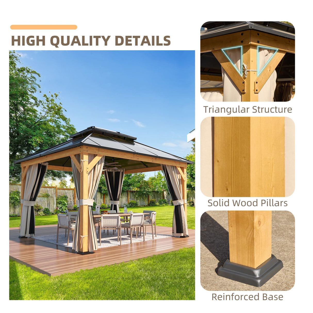 YOLENY 11'x 13' Hardtop Gazebo, Wood Outdoor Gazebo, Polycarbonate Double Roof, Netting and Curtains, Patio Gazebo for Decks, Backyards, Lawns and Gardens YOLENY