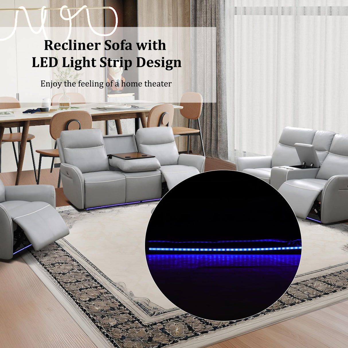 Plithzy Power Recliner Sofa Set Breathing Leather Living Room Furniture 2 Piece Reclining Couches with LED, USB Charging Ports, Cup Holder and Storage (Sofa+Loveseat, Light Grey) Plithzy