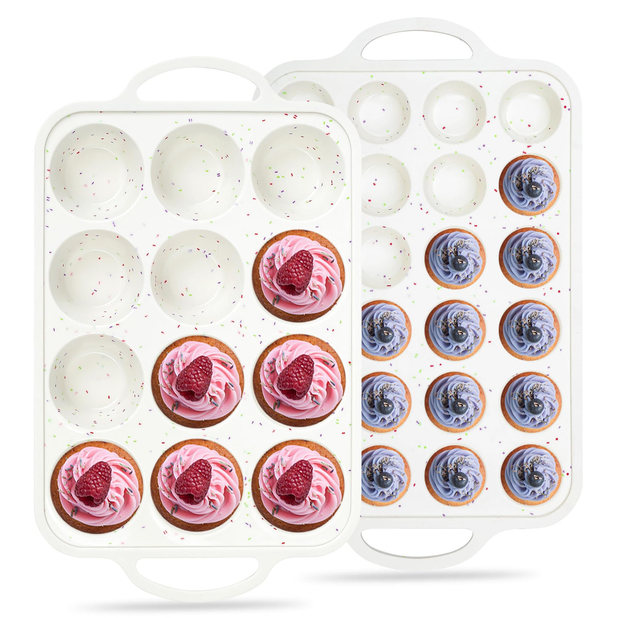 AOTASO Regular 12 Cup and Mini 24 Cup Nonstick Cupcake Pan Set Silicone Muffin Pan for Baking Silicone Cupcake Mold with Metal Reinforced Frame BPA Free (2 Pcs, Cream) AOTASO
