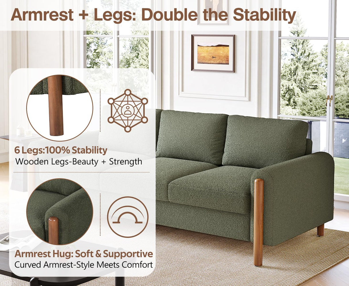 Merax 83.86" 3-Seater Sofa, Curved Armrest with Integrated Solid Wood Legs, Teddy Velvet Fabric, High Weight Capacity (250 lbs/seat), Durable Solid Wood Frame,Green Merax