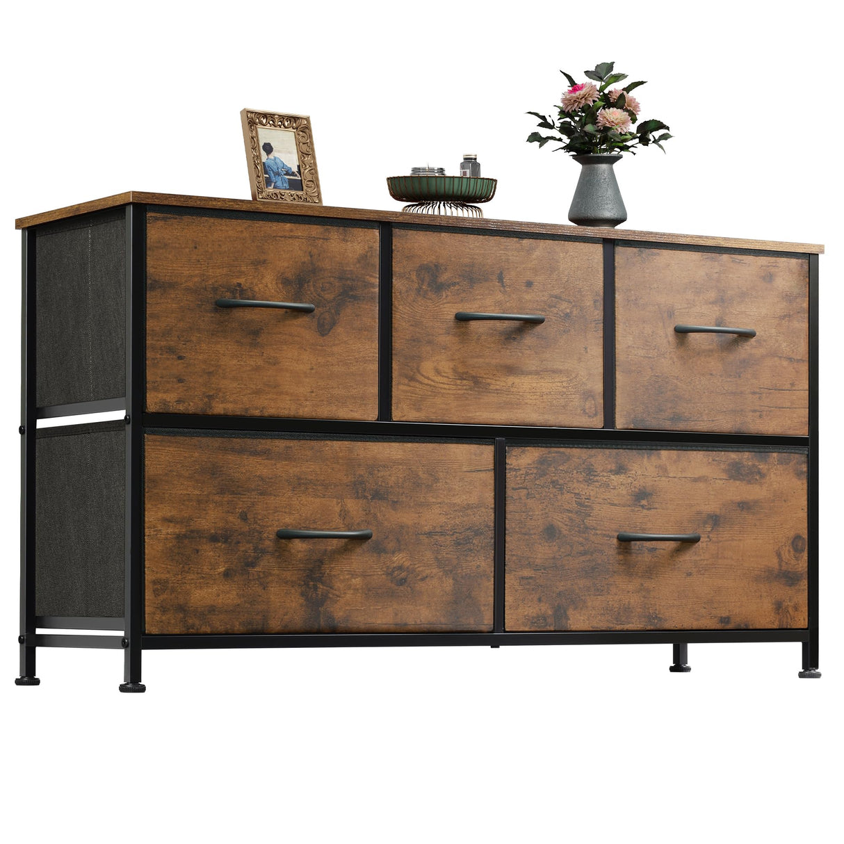 WLIVE Dresser for Bedroom with 5 Drawers, Wide Chest of Drawers, Fabric Dresser, Storage Organizer Unit with Fabric Bins for Closet, Living Room, Hallway, Rustic Brown Wood Grain Print WLIVE