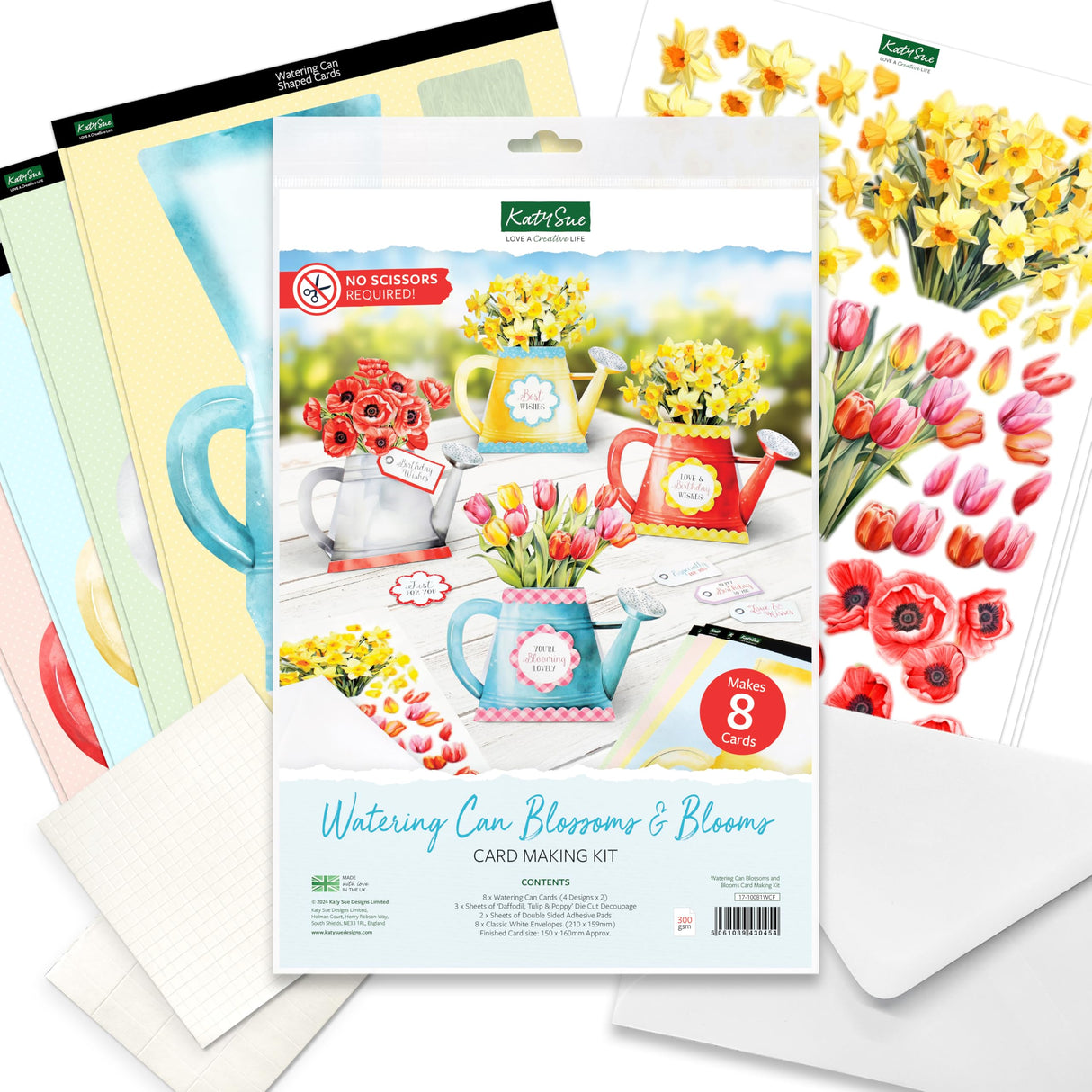 Katy Sue Watering Can Blossoms & Blooms Card Making Kit. 8 Shaped Cards, 3 Sheets of Floral Die Cut Decoupage, 8 Envelopes, Adhesive Foam Pads, & Instructions. For Card Making Supplies & Card Crafting Katy Sue