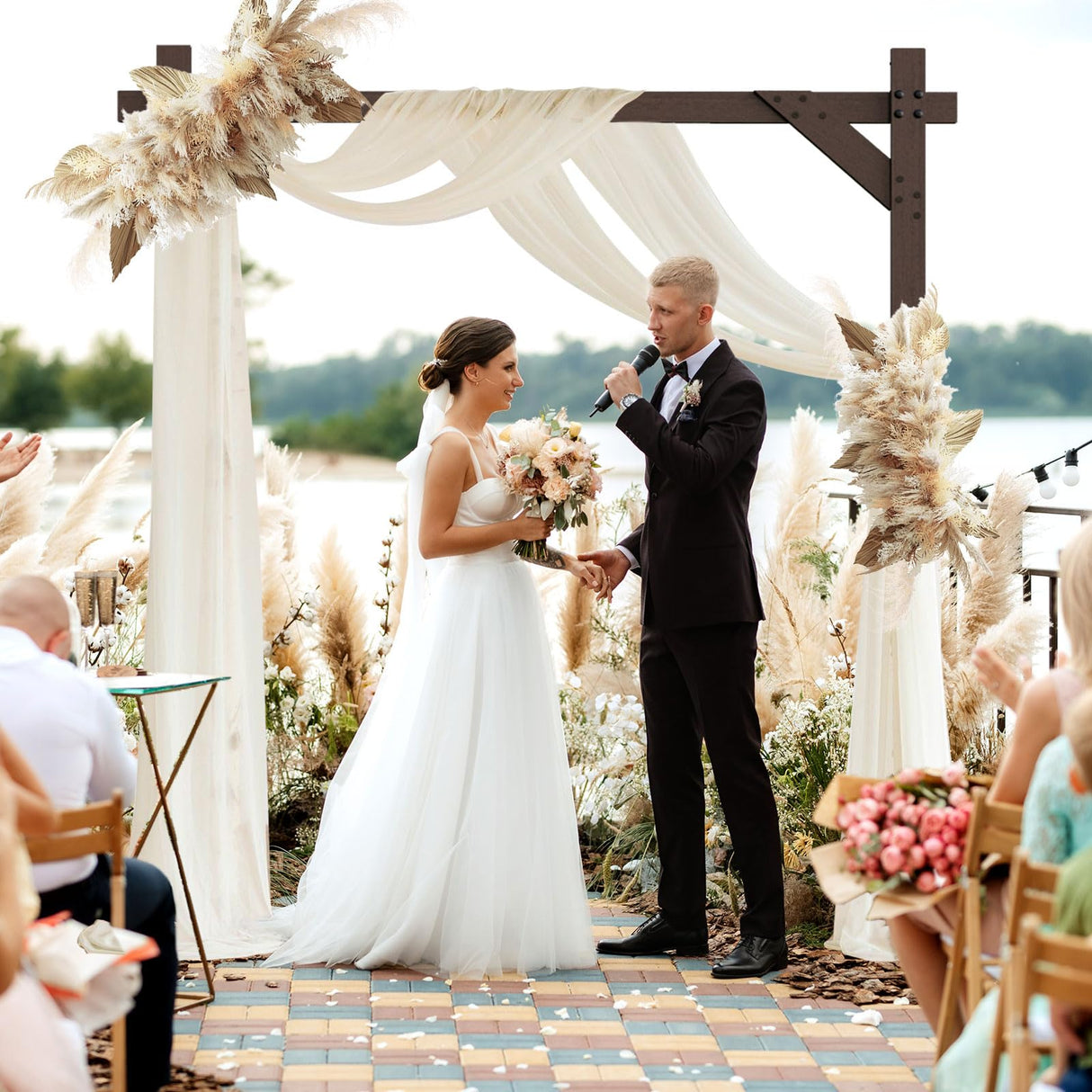 Kusamue Wooden Wedding Arch Frame 7.48 FT Square Wood Arch Wedding Arbor Backdrop for Ceremony Party Proposal Scene Garden Beach Forest Rustic Boho Decoration(7.48ft) Kusamue