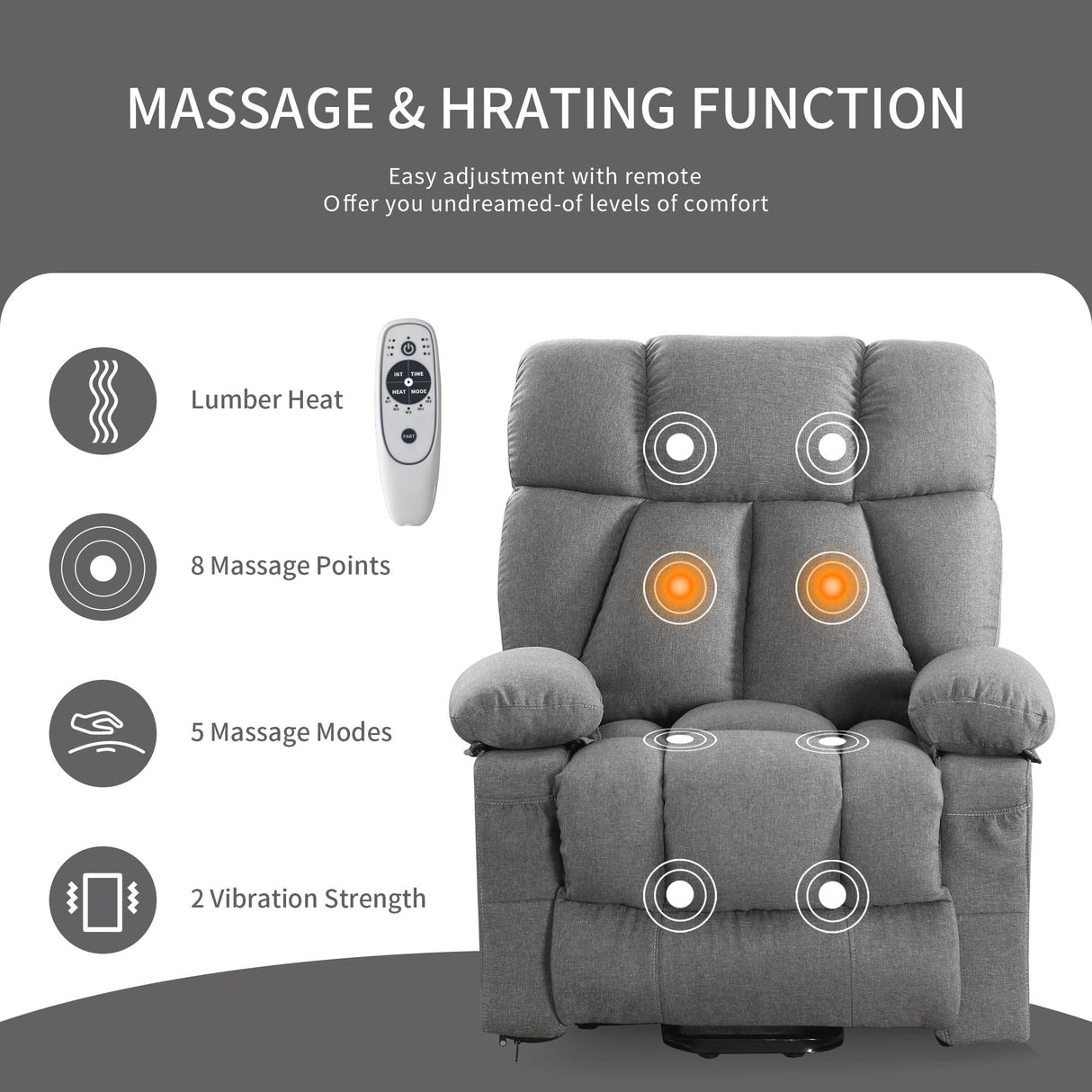 jonpony Oversized Power Lift Recliner Chair for Elderly, Big and Tall Lift Chair with Massage and Heat for Living Room, Fabric Electric Recliner Chairs with 4 Side Pockets, USB Charge Port,Grey jonpony
