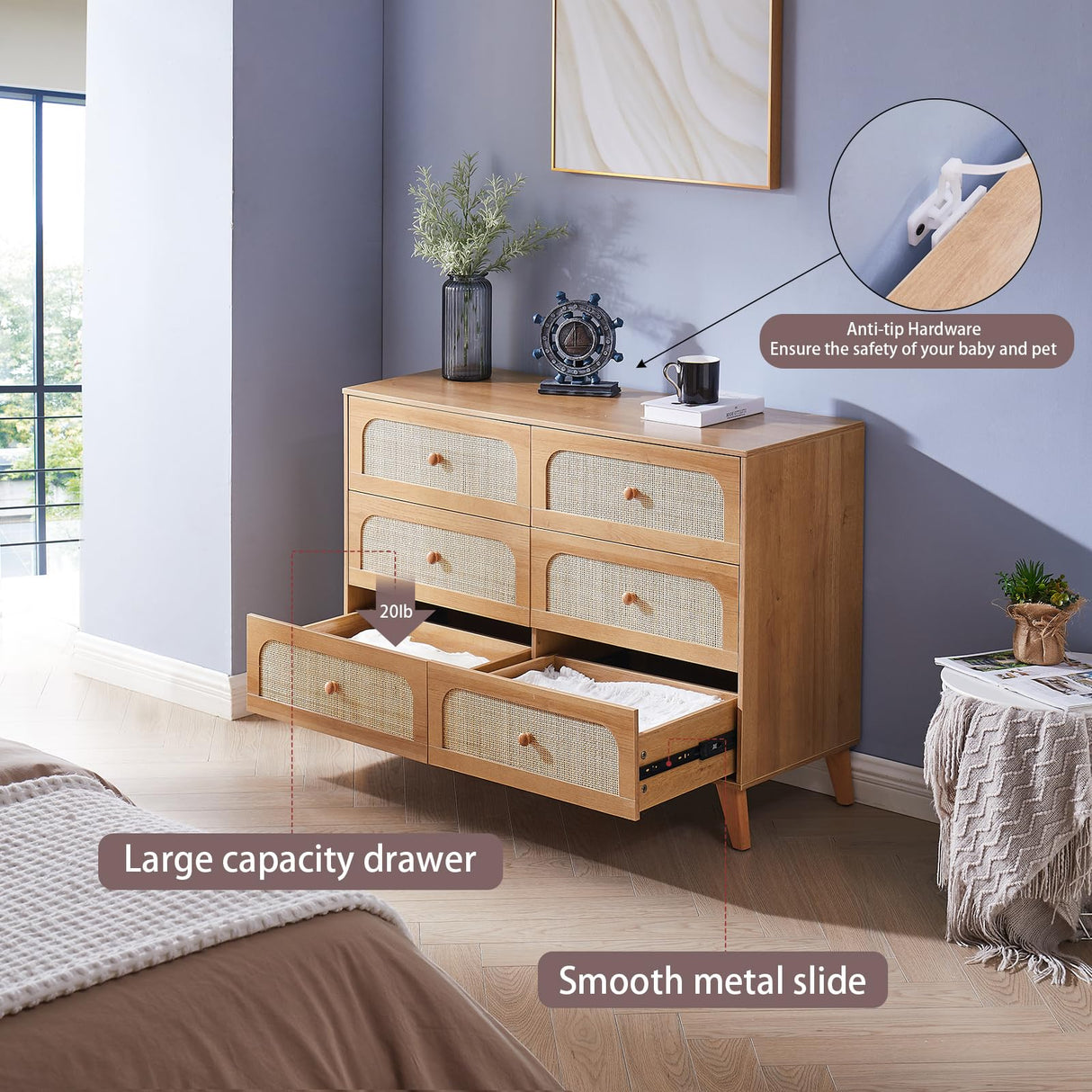 GANLLY Rattan 6 Drawer Dresser for Bedroom, Natural Wood Dresser with Deep Drawers, Wooden Chest of Drawers for Closet with Wide Top, for Living Room, Hallway, Kids Room,Natural GANLLY