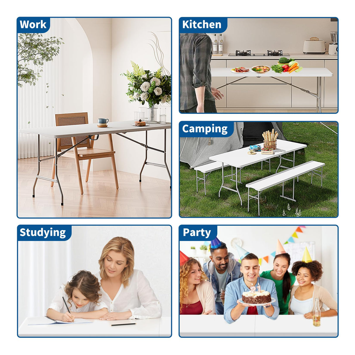 HLPB 6ft Folding Table with Handle & Safety Locks - Portable Picnic & Camping Table, Indoor/Outdoor Dining & Work Table for Weddings & Parties Plastic Construction HLPB