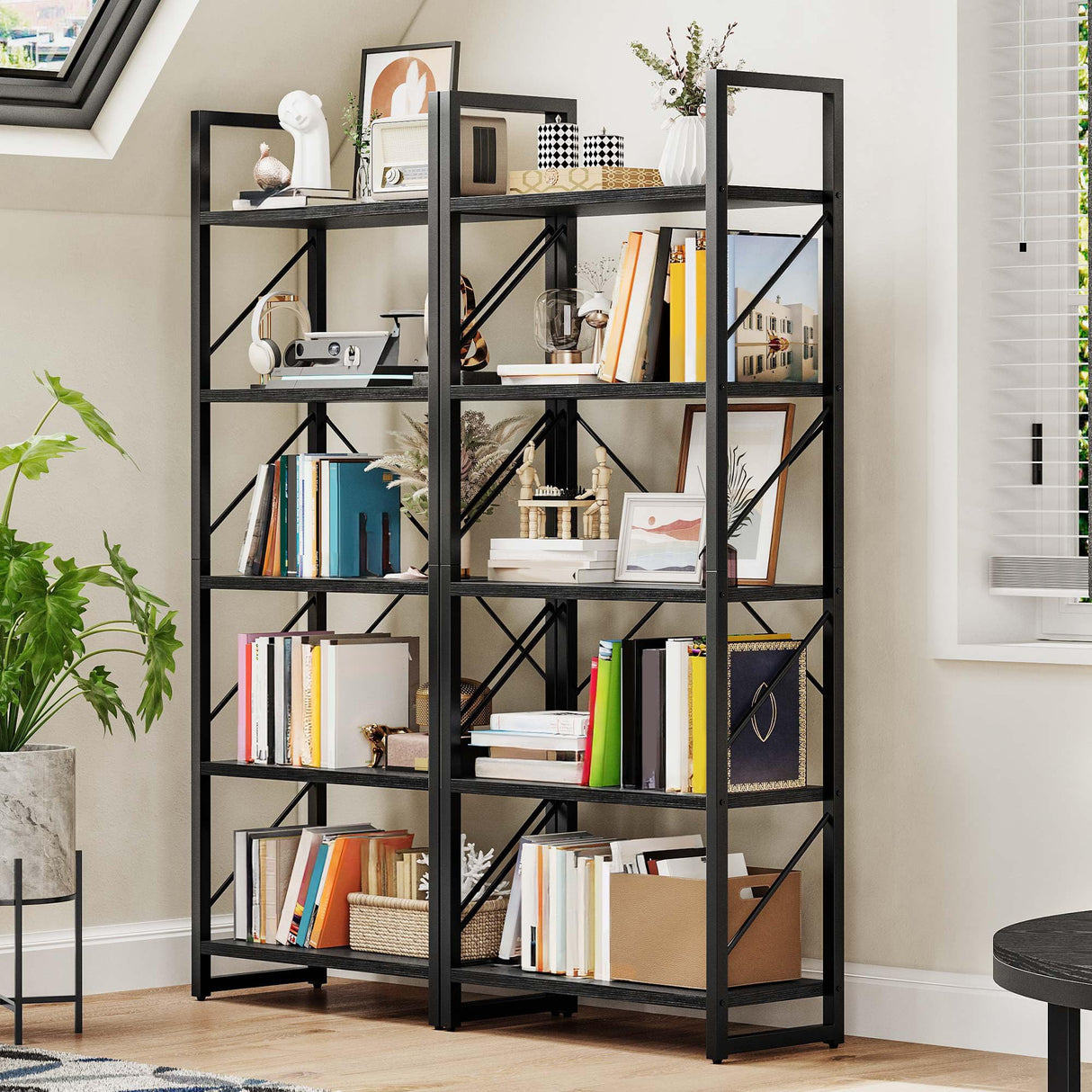 DWVO 5 Tier Bookshelf, Black Bookcase Storage Organizer, Modern Book Shelf Storage Rack Shelves for Bedroom, Living Room, Home Office, Black