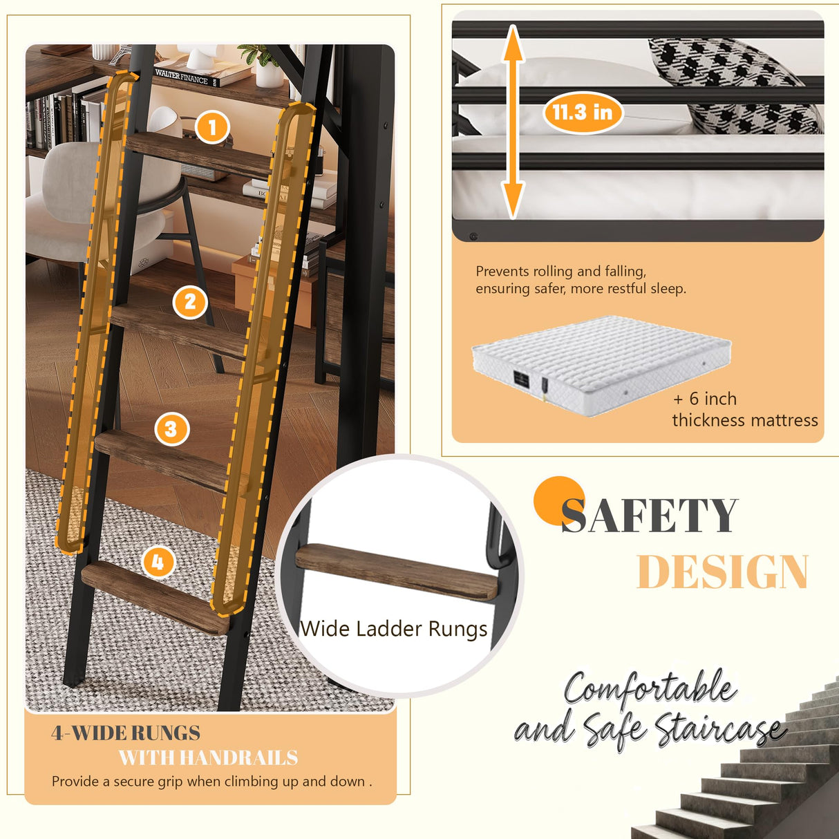 Loft Bed Queen Size with Desk and Charging Station, Metal Loft Beds Frame with LED Lights, Bookcase & 4 Fabric Storage Drawers & Bench, Adults Loft Beds with Wardrobe -Safety Guard & Ladder, Black Mirightone