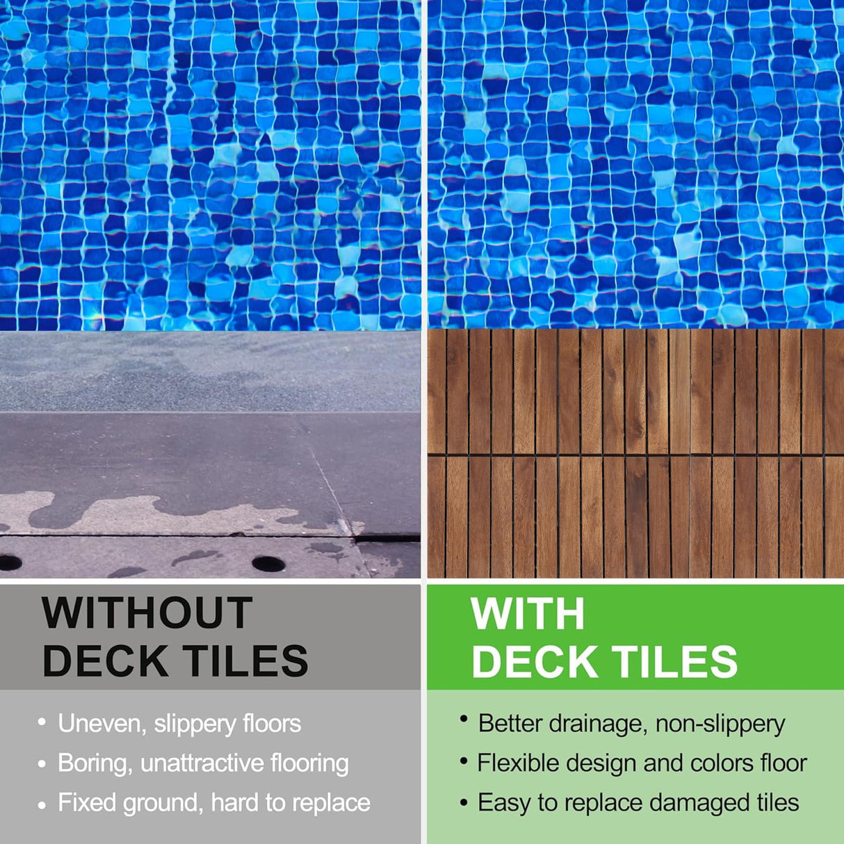 Deck Tiles - Pack of 10 Waterproof Acacia Wood Patio Tiles, Flooring Tiles for Indoor and Outdoor - Decking Stripe Pattern, Dark Brown, 12 x 12 x 1.7 inches SweetGO corporation
