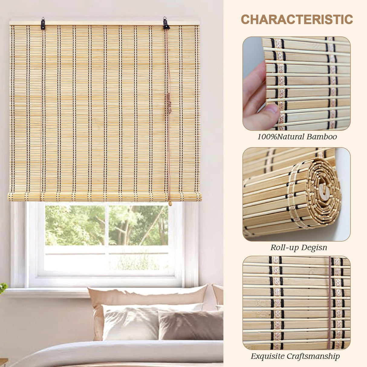 ORNDSDM Bamboo Blinds, Bamboo Shades for Indoor Windows, Bamboo Shades for Patio, Custom Size, Bamboo Shades for Windows, Courtyard Garden, Balcony, Terrace ORNDSDM