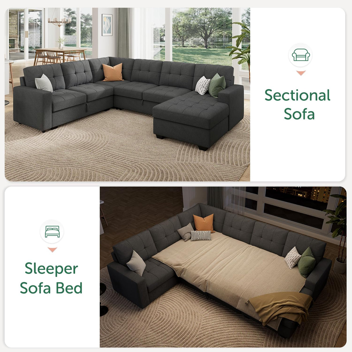 HONBAY Sectional Sleeper Sofa Pull Out Bed with Storage Chaise, Sleeper Sectional Sofa Couch, Sectional Sleeper Bed for Living Room, Dark Grey HONBAY
