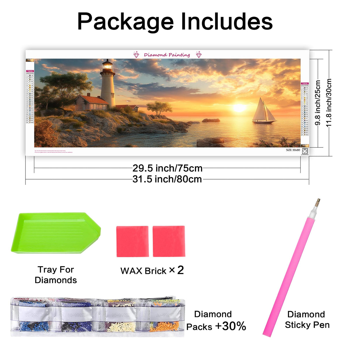 VAIIEYO Large Diamond Art Kits for Adults Lighthouse, Diamond Art Sunset, Large Diamond Painting Kits Full Drill Round Rhinestone Craft Canvas for Home Wall Decor Gift 11.8x31.5 inch VAIIEYO