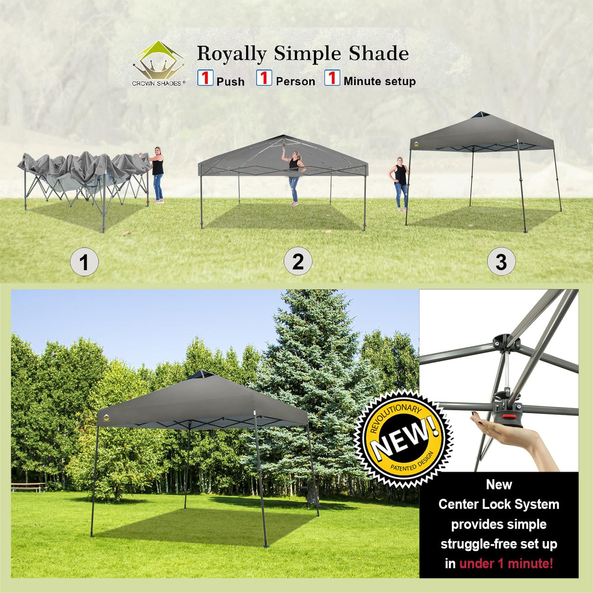 CROWN SHADES 9x9 Pop Up Canopy - Beach Tent with One Push Setup - Easy Outdoor Sun Shade for Events, Parties, Camping - Gazebo with STO-N-Go Cover Bag, Silver Coated Top, Gray CROWN SHADES