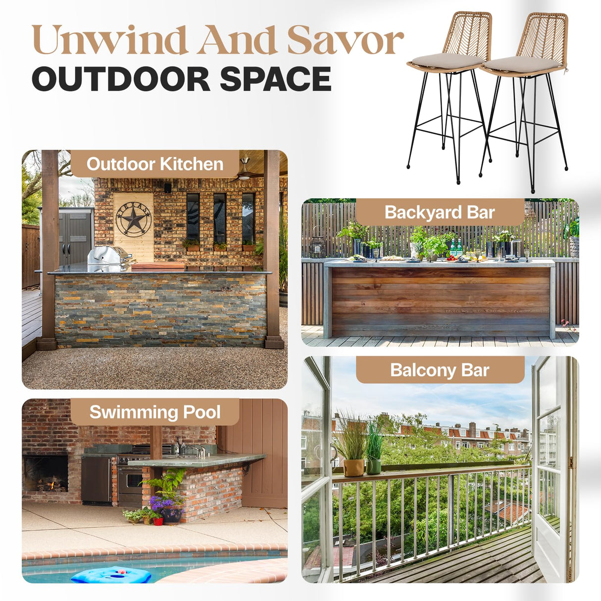 IDZO 400lbs Capacity Rattan Bar Stools Set of 2 Upgraded, 42-Inch Height Outdoor Bar Stools with Comfort Cushion, Solid Steel Frame & Durable Power Coating, Easy Assembly IDZO