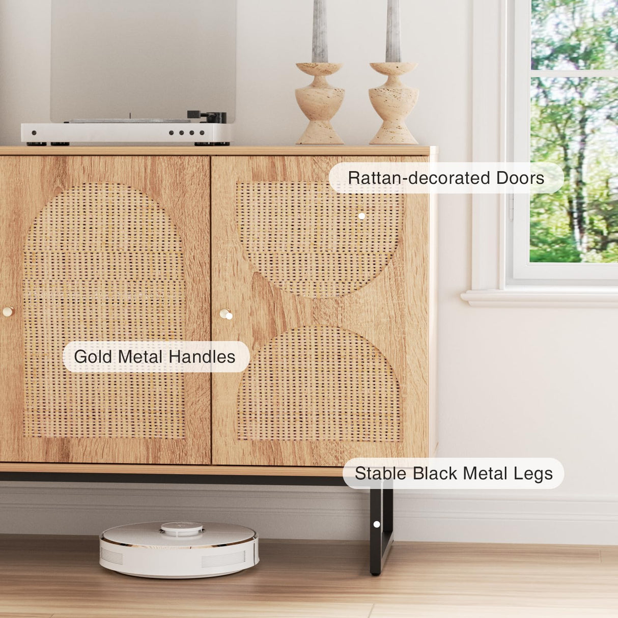 Rattan Sideboard Buffet Cabinet with Storage, Boho Farmhouse Wood Storage Cabinet with 3 Arched doors, Rattan Entryway Table Console Credenza TV Stand for Living Room, Dining Room, Kitchen, Hallway FiveWillowise