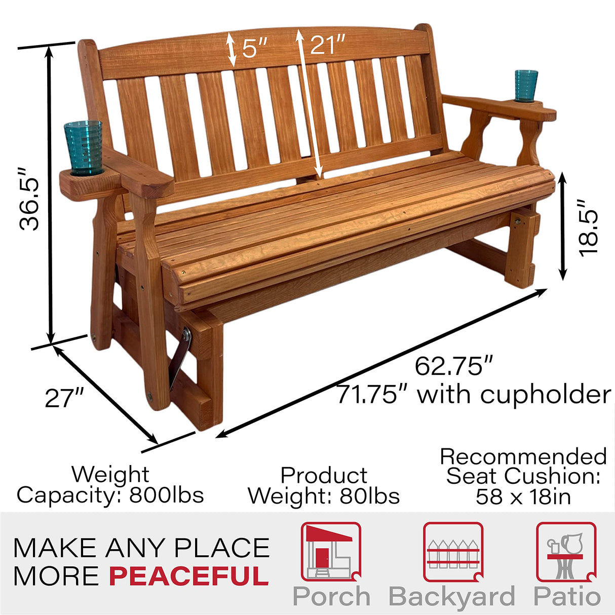 Amish Heavy Duty 800 Lb Mission Pressure Treated Porch Glider with Cupholders (5 Foot, Cedar Stain) Amish Casual