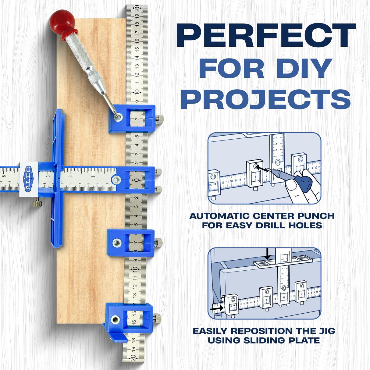 Alec Tools Cabinet Installation Tools Complete Set - Adjustable Cabinet Hardware Jig Kit for Handles, Knobs, Drawer Pulls - Cabinet Handle Jig, Concealed Hinge Jig, Automatic Center Punch, Drill Bits Alec Tools