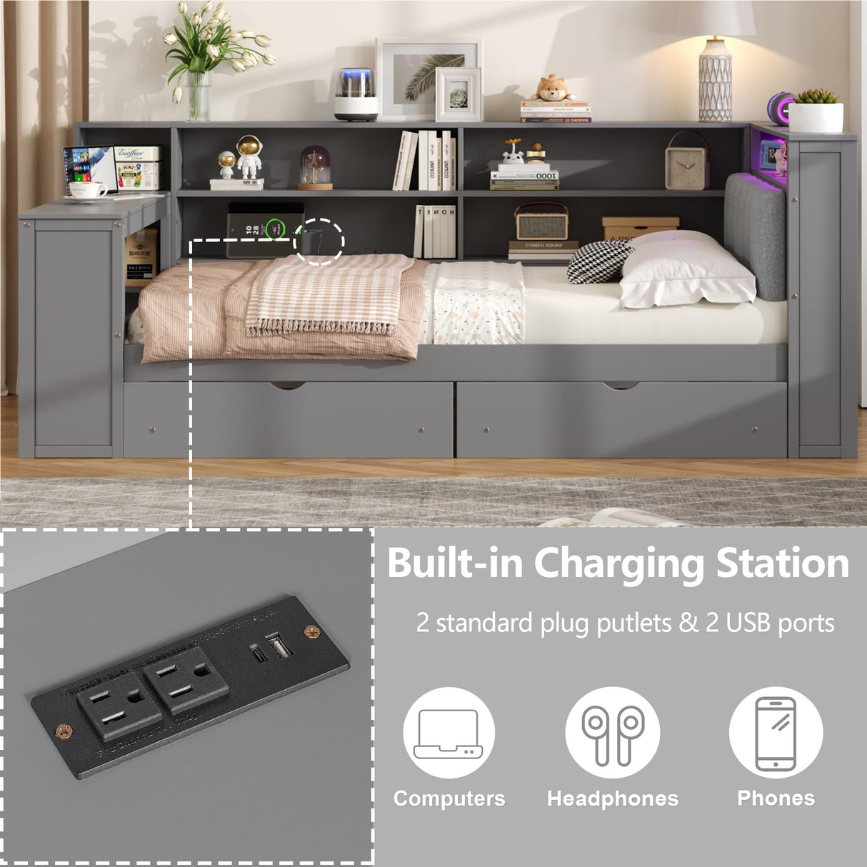 Full Size Corner Bed Frame with Storage Drawers and Desk,Captain Daybed with L-Shaped Bookcase and LED Lights,Corner Bed Full Size with Charging Station for Kids,Teens,Adults,Gray Bellemave