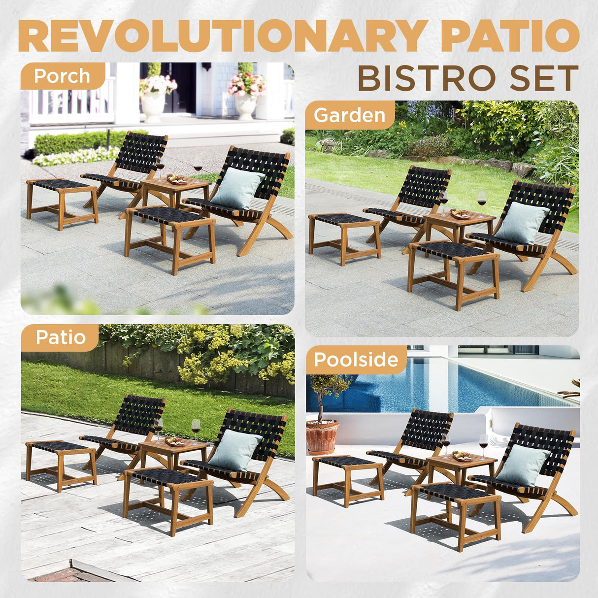 IDZO Design Heavy Duty 400lbs Capacity Patio Bistro Piece with Ottomans Outdoor, Onesize, Foldable Reclining Set 5 IDZO