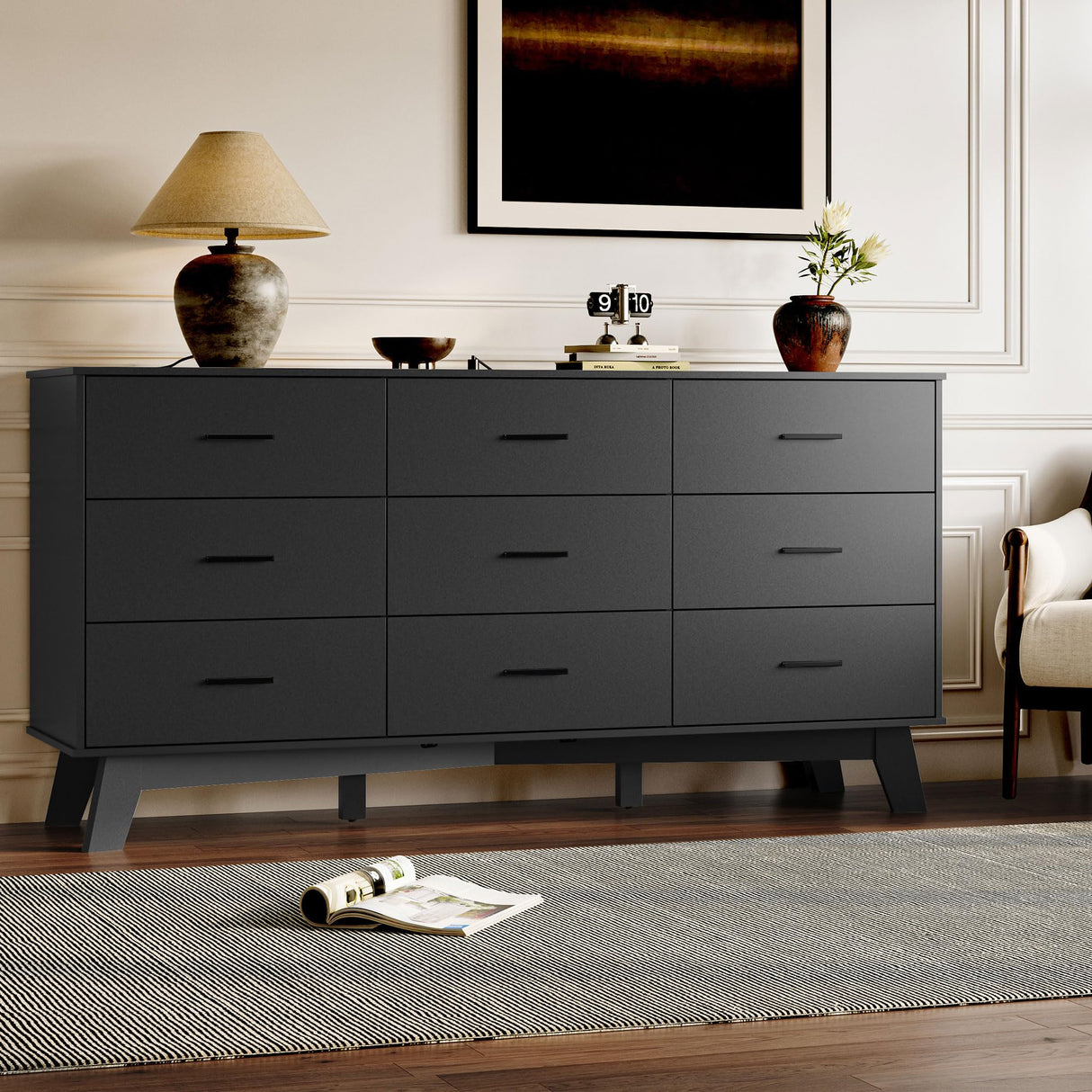 BORNOON Dresser for Bedroom with 9-Drawer, 59" Wide Modern Chest of Drawers with Metal Handles, X-Shape Base & Adjustable Center Leg, Anti-Tip Closet Organizers and Storage BORNOON