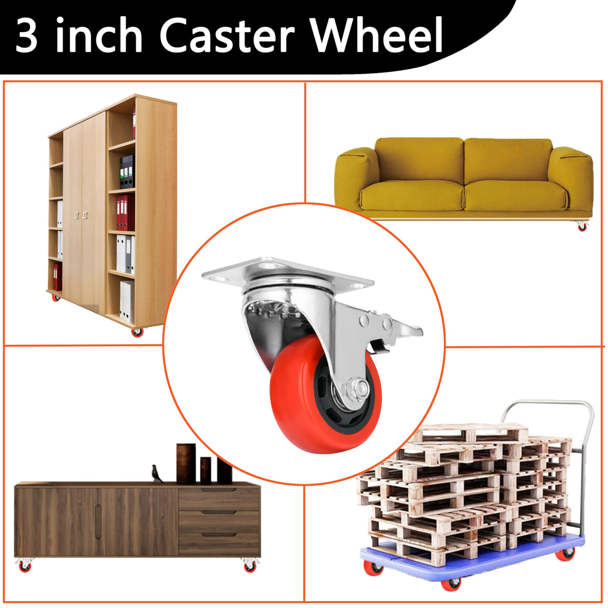 Mofeetools 3 inch Heavy Duty Casters Load 1200lbs, Lockable Bearing Plate Caster Wheels with Brakes, 360-degree Swivel Casters for Furniture and Workbench Cart, Set of 4(Free Bolts and Nuts) Mofeetools