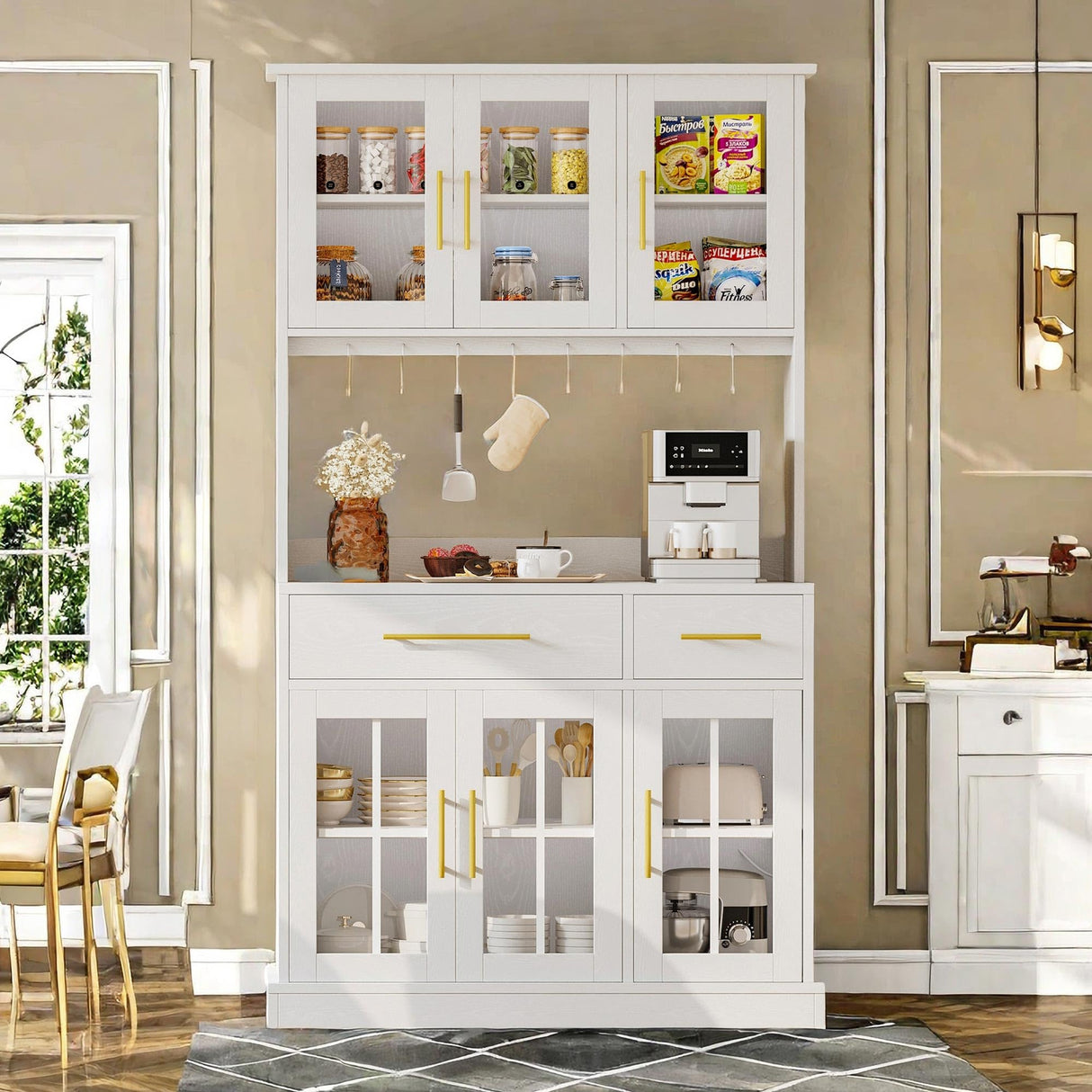 DWVO Kitchen Pantry Storage Cabinet with Microwave Stand, 71'' Tall Kitchen Hutch Cabinet with Power Outlet, Modern Food Pantry Cabinet with Drawers & Shelves for Home, White DWVO