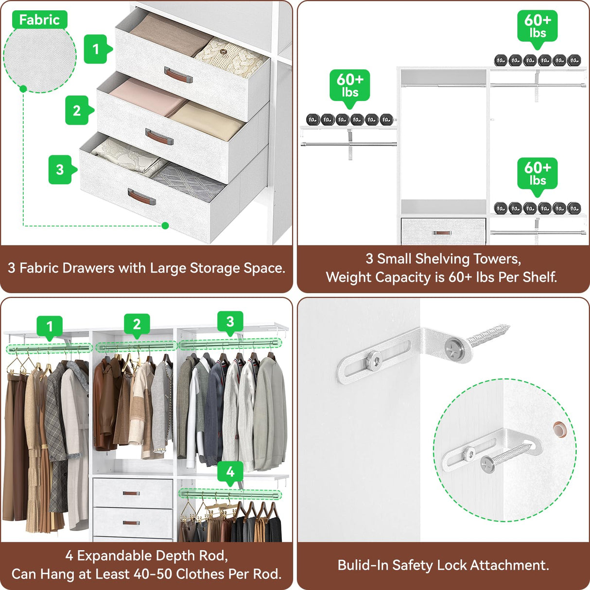 Armocity 5FT Small Closet System with 3 Fabric Drawers, 60 Inches Walk In Closet Organizer System With 3 Adjustable Shelves, Heavy Duty Clothes Rack Built-In Garment Rack, 59" L x 16" W x 71" H, White armocity