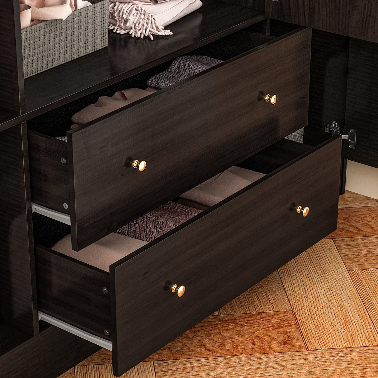 AIEGLE 4 Doors Wardrobe Armoire with Mirror, 63" Wide Large Freestanding Armoire Wardrobe Closet with 2 Drawers, Shelves & 2 Hanging Rods, Bedroom Clothes Storage Cabinet Organizer, Black Brown AIEGLE