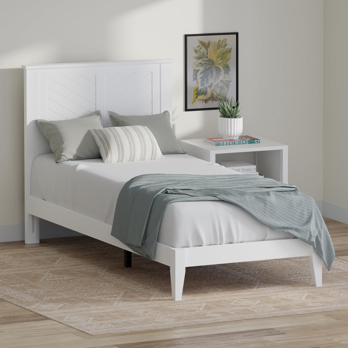 ComfIQ Serene Farmhouse Style Wood Bed in Twin Size with Chevron Scoring Headboard, Coastal Modern Design, Sturdy, Easy Assembly, Ample Underbed Storage, White Finish ComfIQ