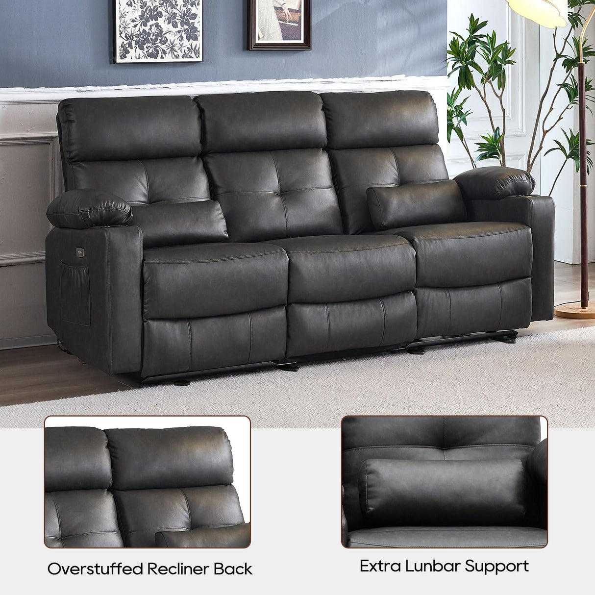 Consofa Power Reclining Sofa with Heat and Massage, Electtric Reclining Couch with Extended Footrest, Recliner Sofa 3 Seater with USB Ports, Cup Holders for Living Room, Home Seating Consofa