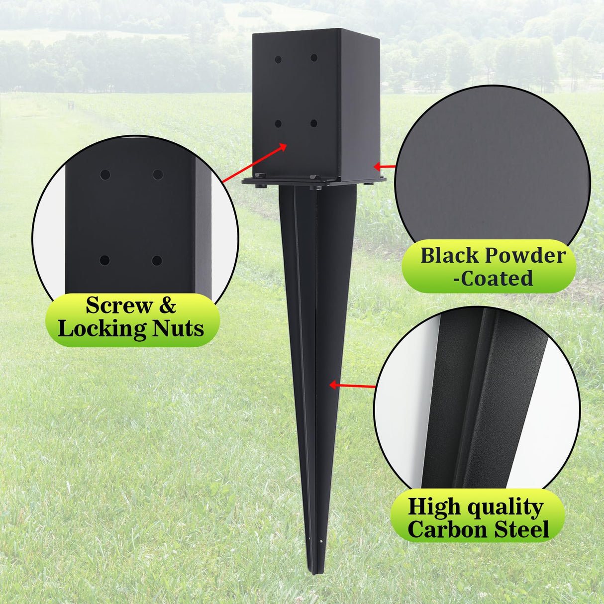 3 Pcs 4 "x 4 "Fence Post Anchors Ground Spike (Actual 3.6 ” X 3.6”),Heavy Duty Metal Fence Stakes Post Base 22'' with Black Powder Coated Support for Mailboxes, Fences, Trellis Posts, Banners. Nrspp