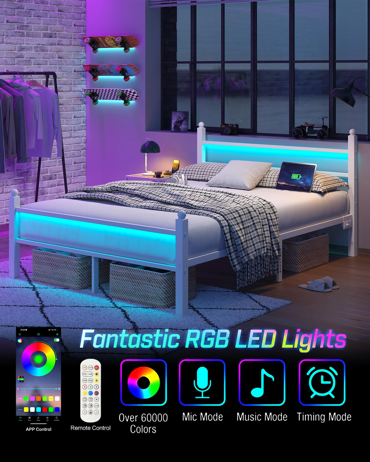 CollaredEagle Full Bed Frame with Headboard and Footboard,Heavy Duty Steel Slats Support Metal Bed Frame with Charging Station,White CollaredEagle