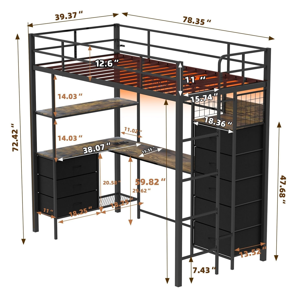 SAHISTCT Twin Size Loft Bed with Desk, LED Lights, Charging Station, Industrial Loft Bed Frame with 3 Storage Shelves and 8 Fabric Drawers, Safety Guard & Ladder,LED Metal Twin Size Bunk Bed SAHISTCT