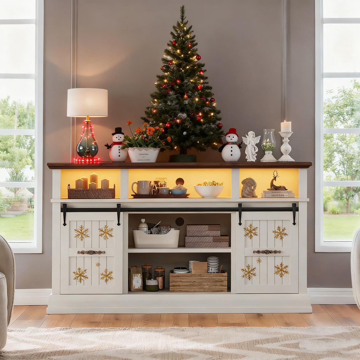 Farmhouse TV Stand for 75 Inch TV, 32" Tall Entertainment Center with LED Light, Sliding Barn Doors TV Stand Rustic Media Console with Storage Cabinets and Adjustable Shelves for Living Room, White PinkMuse