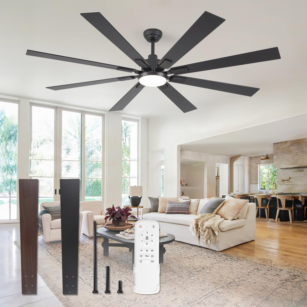ZMISHIBO 72 inch Large Ceiling Fans with Lights and Remote, Indoor/Outdoor Black Modern Ceiling Fan for Kitchen Living Room Patio, 6 Speed Reversible Quiet DC Motor, 3 CCT, Dual Finish 8 Blades ZMISHIBO