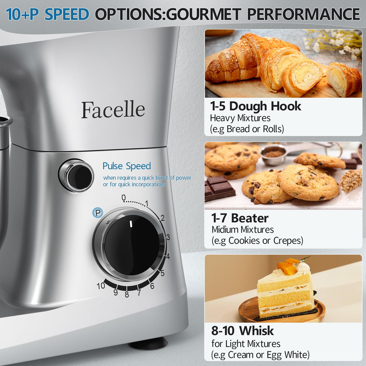 Facelle Stand Mixer, 10-Speed 6QT Kitchen Electric Mixer, Tilt-Head Food Mixer with Beater, Dough Hook, Wire Whip and Egg Separator, scraper for Most Home Cooks - Silver Facelle