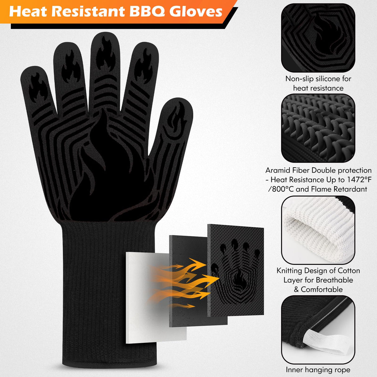 BBQ Gloves, 1472°F Heat Resistant Fireproof Mitts, Silicone Non-Slip Washable Oven Kitchen Gloves for Barbecue, Grilling, Cooking, Baking, Camping, Smoker (Black) KUWANI